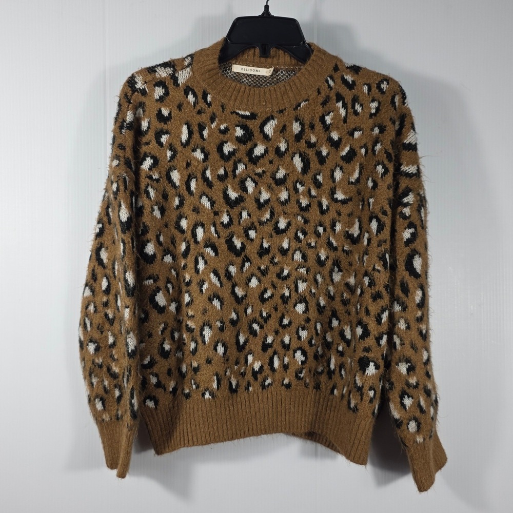 Ellison Womens Leopard Print Fuzzy Eyelash Knit Crewneck Sweater Brown Medium